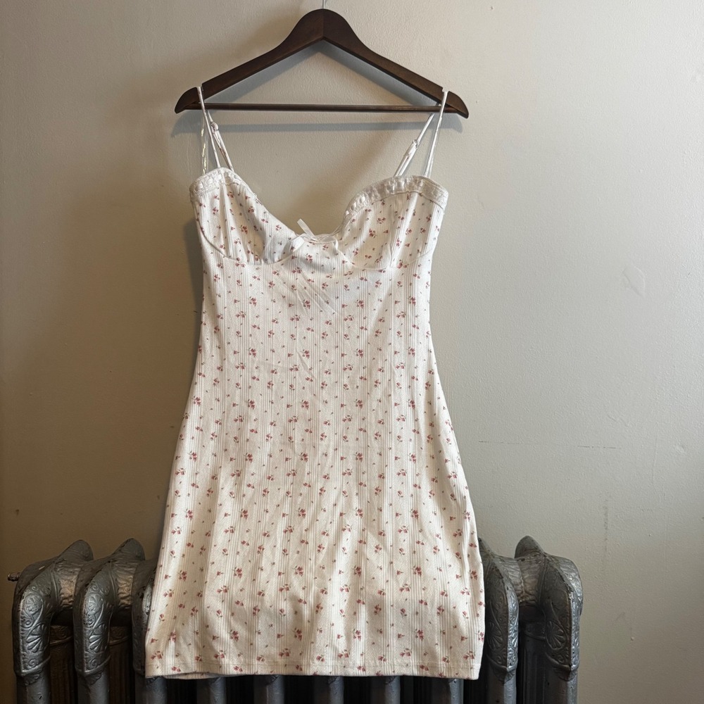 Windsor Ivory Pink Floral Ribbed Mini Dress L Lace Trim Coquette Cottagecore